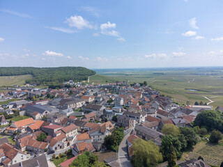 Obraz premium Panoramic aerial view on green grand cru champagne vineyards and village Cramant, Cotes des Blancs, Champange, France