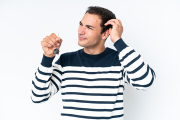 Young caucasian man holding home keys isolated on white background having doubts and with confuse...