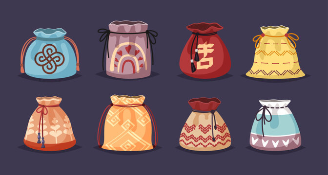 lucky korean bags set. fortune telling pockets with different patterns , floral pouches with hieroglyphs, traditional korean or chinese culture. vector cartoon illustration