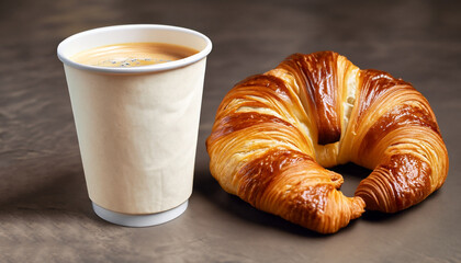 Aromatic coffee in a paper cup paired with a flaky croissant