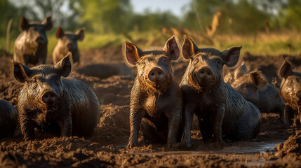 Happy Pigs in the mud. Eco friendly farming, ecology and free roaming farm animals. Close up with shallow depth of field. Illustrative Generative AI.
