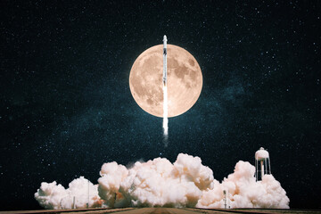 New space ship rocket with smoke and clouds lift off into the starry sky with full moon. Rocket take off. Space Mission Launch to the Moon Concept.