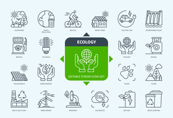 Editable line Ecology outline icon set. Green Energy, Recycling Plant, Solar Panels, Fauna, CO2, Bicycle, Gas Station, Wind Turbine. Editable stroke icons EPS