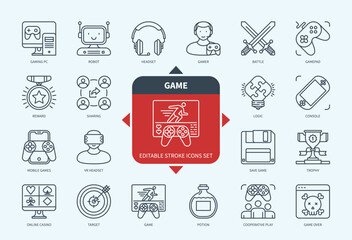 Editable line Game outline icon set. Console, Online Casino, VR Headset, Potion, Controller, Mobile Games, Gadget, Sharing. Editable stroke icons EPS
