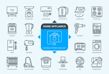 Editable line Home Appliance outline icon set. Washing Machine, Microwave, Vacuum Cleaner, Fridge, Electrical Heater, Electric Iron, Fan, TV. Editable stroke icons EPS