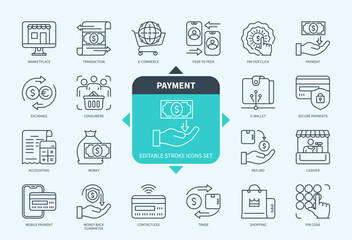 Editable line Payment outline icon set. Money, Wallet, Transaction, Refund, Exchange, Pay per Click, Accounting, Mobile Payments. Editable stroke icons EPS - obrazy, fototapety, plakaty
