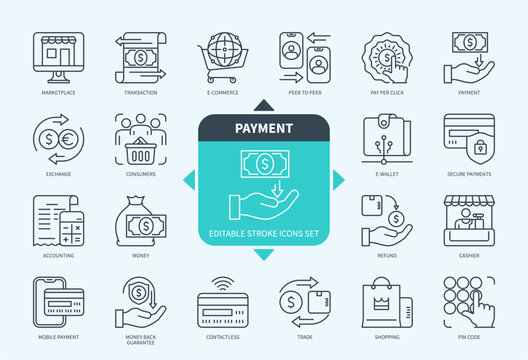 Editable line Payment outline icon set. Money, Wallet, Transaction, Refund, Exchange, Pay per Click, Accounting, Mobile Payments. Editable stroke icons EPS