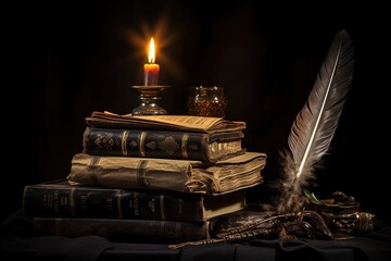 Stack of aged books with a feather quill pen and ink well, candle burning down