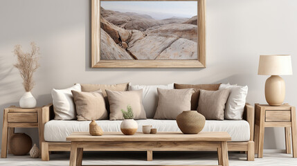 Fototapeta na wymiar Stylish Living Room Interior with a Frame Poster Mockup, Modern Interior Design, 3D Render, 3D Illustration