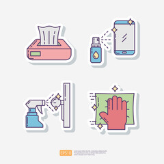 face tissue box, cleaning mobile phone, sanitary treatment of a door handle, hand wiping with cloth. Clean and disinfect sticker set icon. Vector illustration