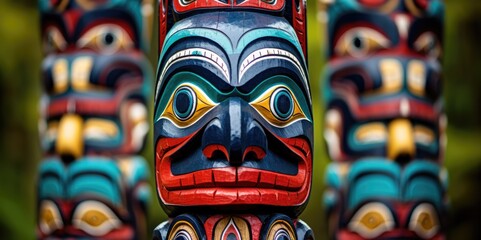 Close-Up of a Detailed Alaskan Totem Pole, generative ai