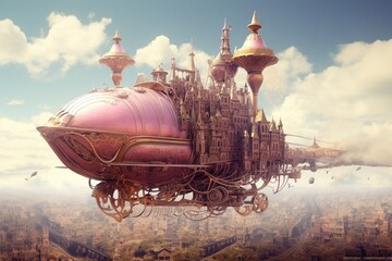 Steampunk-style airship floating over a dreamy, pastel-colored cityscape