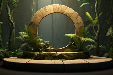 Green podium in the jungle. Green background for cosmetic product. 