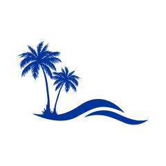 Logo vacaciones de verano. Paisaje de playa. Silueta de palmeras con olas