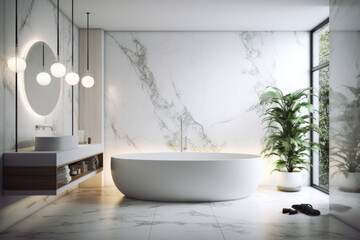 A bright and contemporary bathroom with a white bathtub placed next to a window, creating a relaxing and peaceful environment. Ideal for a refreshing and rejuvenating experience. AI Generative.