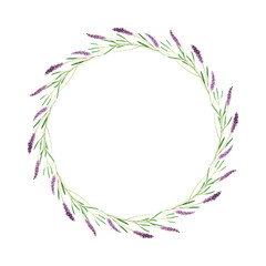 Fototapeta na wymiar Wreath round of lavender flowers, hand-drawn in watercolor, lavender sprigs, isolated, white background.