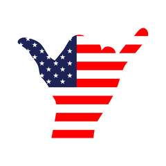 Silueta de mano con señal shaka. Mano con símbolo hang loose con los colores de la bandera de Estados Unidos de América