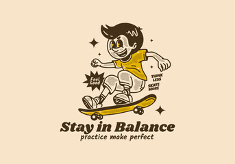 Stay in balance, mascot character design of a guy jumping on skateboard