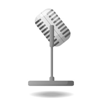 Hand drawn cute cartoon illustration of retro microphone. Flat vector sound recording studio. Audio device icon or print. Isolated on white background.