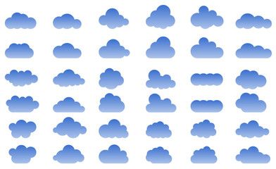 The clouds in the sky are drawn with a gradient. Abstract blue set of clouds isolated on white background. Vector illustration.