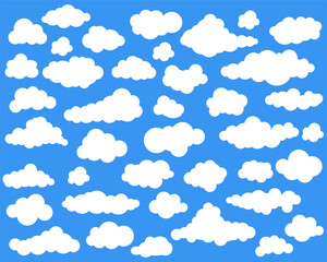 Clouds in the sky. Abstract white cloud set isolated on blue background. Vector illustration.