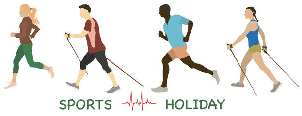 They go in for sports. Sports, healthy recreation, vector illustration. Active sports and sports exercises. Colored silhouettes.