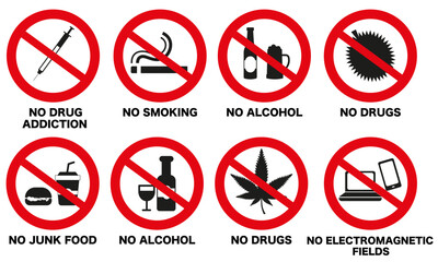 Forbidden sign for beer and cigarettes, and everything unhealthy and unhealthy. Vector illustration.