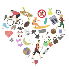 Natural strengthening of the immune system: exposure to sunlight, exercise, proper nutrition, rest and sleep. Icon set.