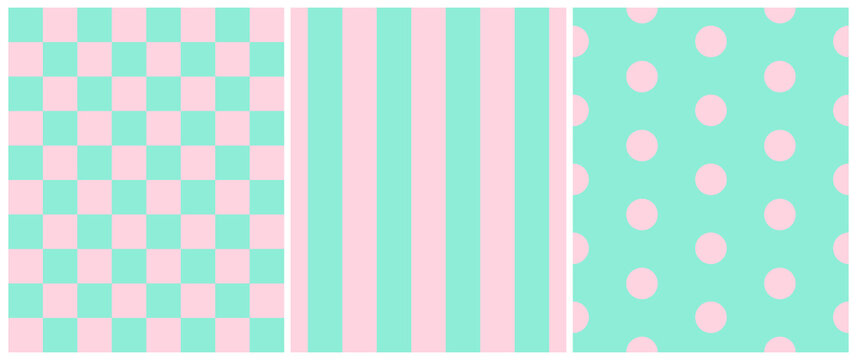 Cute Geometric Seamless Vector Patterns with Pastel Pink and Vibrant Mint Blue Stripes, Grid and Dots. Dotted Pattern. Lovely Pastel Colors Repeatable Design ideal for Fabric, Textile. RGB.  