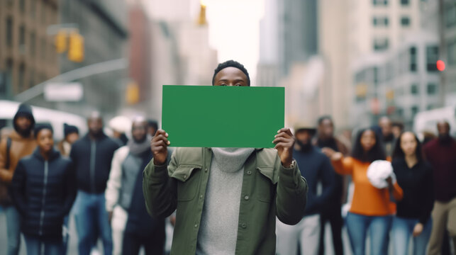 Man Of African American Descent Holding Up A Sign At A Rally Or Demonstration. The Sign Is Blank Green Screen. Shallow Field Of View, Illustrative Generative AI. Not A Real Person.	