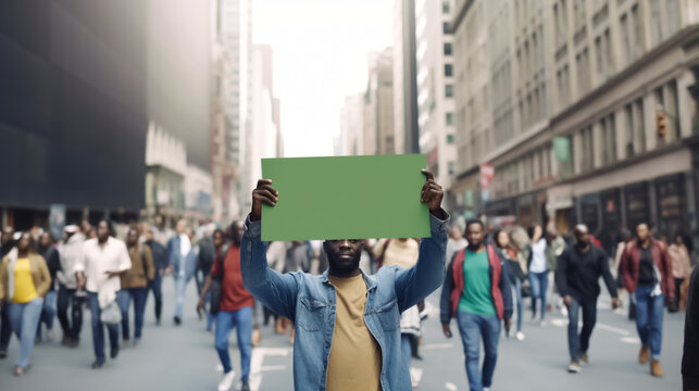 Man of African American descent holding up a sign at a rally or demonstration. The sign is blank green screen. Shallow field of view, illustrative Generative AI. not a real person.	