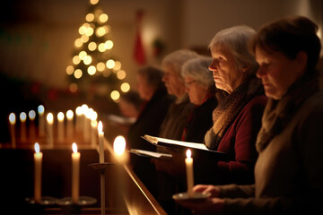 Mature men and women during traditional Christmas service in dark church with burning candles.