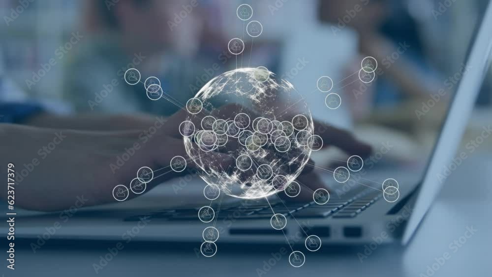 Poster animation of network of connections over globe and caucasian student using computer