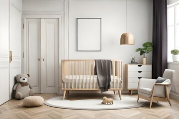 Stylish scandinavian newborn baby room with brown wooden mock up poster frame, toys, plush animal and child accessories - Powered by Adobe