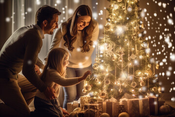 Family father, mother and little daughter near Christmas tree. - obrazy, fototapety, plakaty
