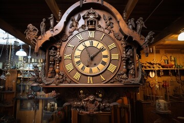 Obraz premium Swiss cuckoo clock striking twelve in an antique shop