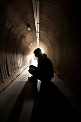 Teen sitting with their head down in a tunnel