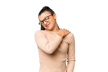 Young beauty woman over isolated chroma key background suffering from pain in shoulder for having made an effort