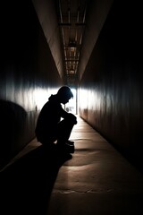 Teen sitting with their head down in a tunnel