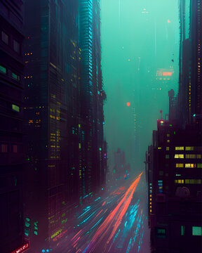 illustration depicting a view of the night street of the metropolis in a fantasy style