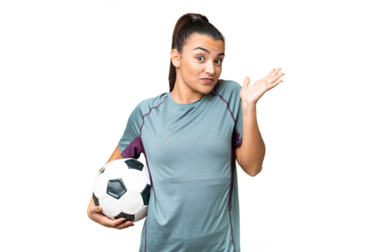 Young football player Woman over isolated chroma key background having doubts while raising hands - Powered by Adobe