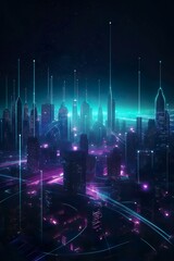 City skyline at night with wireless signals