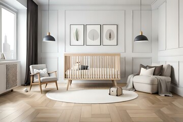 Fototapeta na wymiar Stylish scandinavian newborn baby room with brown wooden three mock up poster frame, toys, plush animal and child accessories
