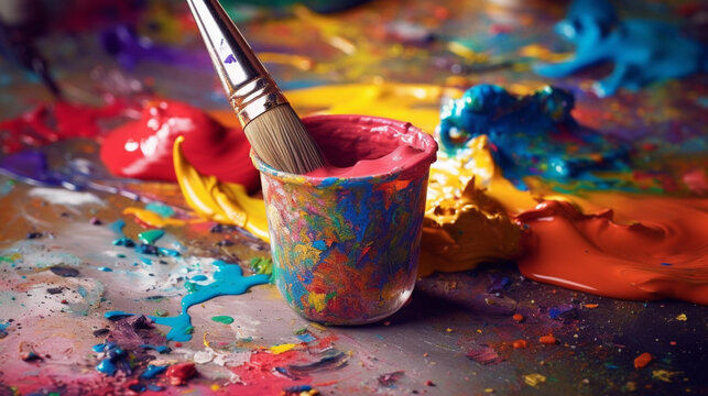 A paint brush in a pot with red paint and mixed colors around it, Generative AI