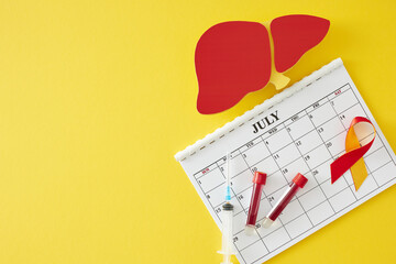 Mark your calendar for July 28th for World Hepatitis Day. Top view arrangement of liver, calendar, awareness ribbon, blood samples and syringe on yellow background with empty space for message
