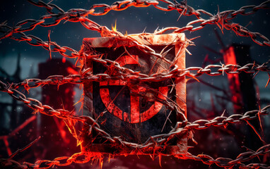 a red sign is sitting on barbed wire, dystopian future, video game style,