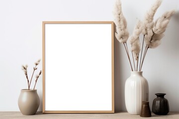 A frame mockup placed against a minimalistic backdrop of light brown and white hues, accompanied by empty frames and vases on a wooden table. Generative AI