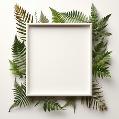 Fototapeta na wymiar Mockup frame, Fern leaves delicately embrace the corners of a rustic wooden frame layout, adding a natural touch. Generative AI