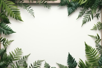 Mockup frame, A rustic wooden frame layout with fern leaves gently overlapping the corners, Generative AI