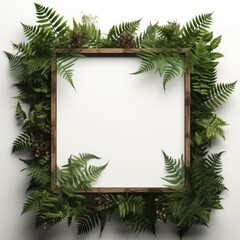 Mockup frame, Fern leaves delicately embrace the corners of a rustic wooden frame layout, adding a natural touch. Generative AI